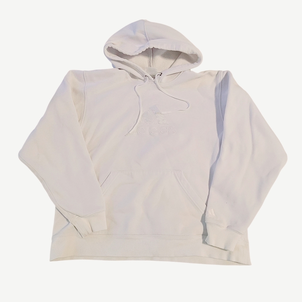 Adidas Womans All White Drawstring Logo Hoodie Sweatshirt